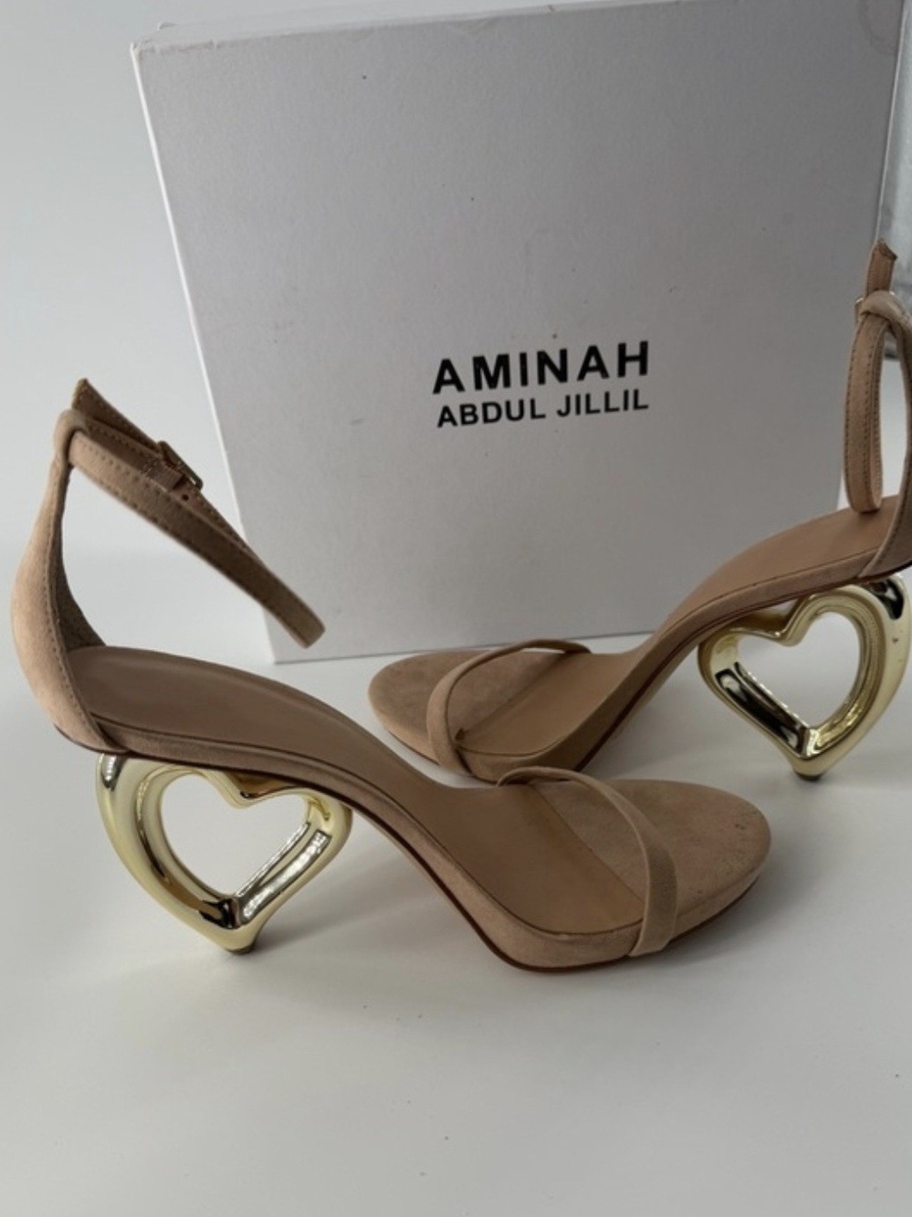 Aminah Abdul Jillil Nude Suede Sandals with Gold Heart Heel